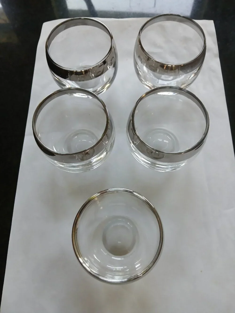 Vintage glass barware roly poly silver band MCM barware  flaws